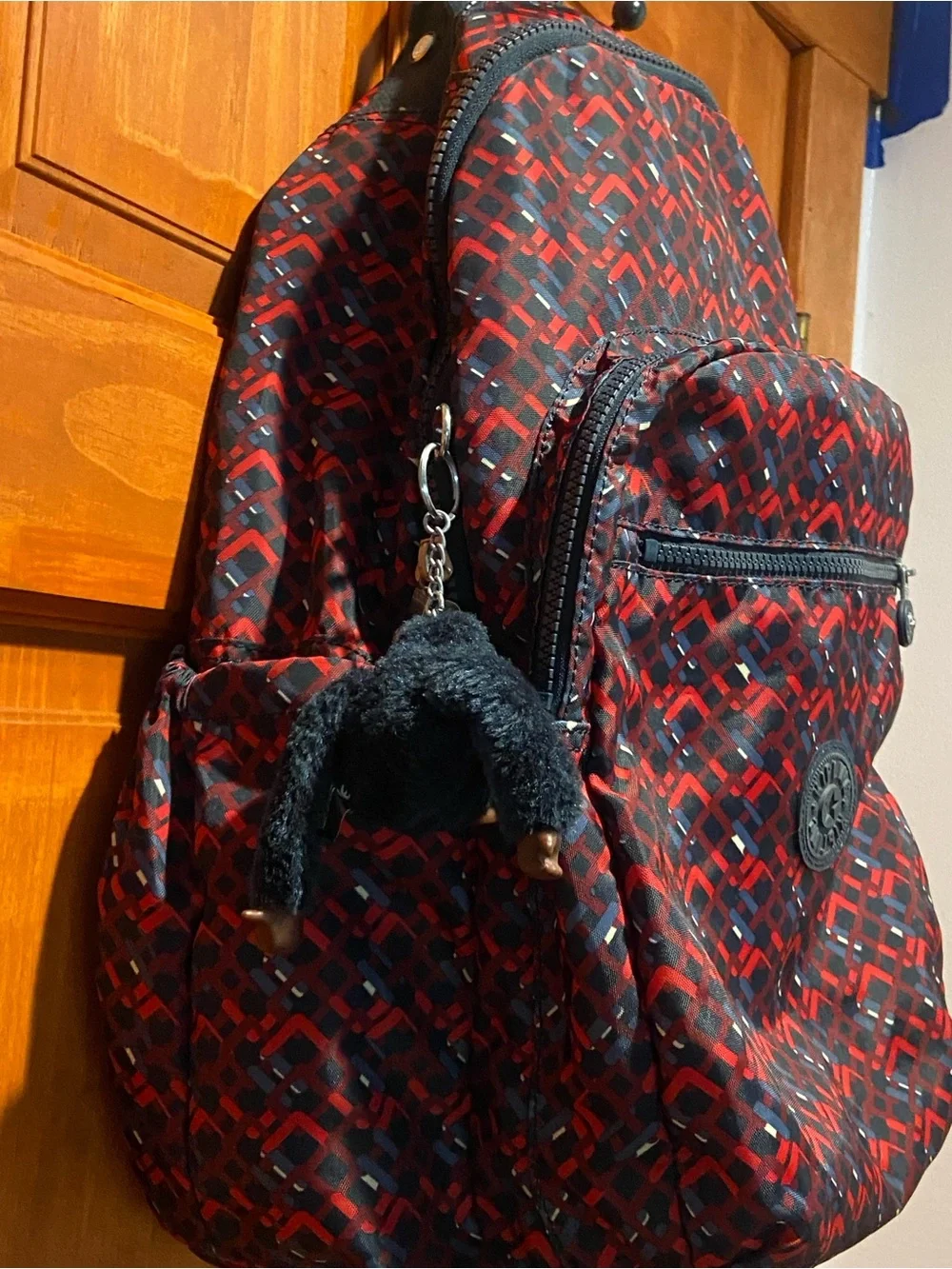 Kipling Red and Black Geometric Pattern Backpack